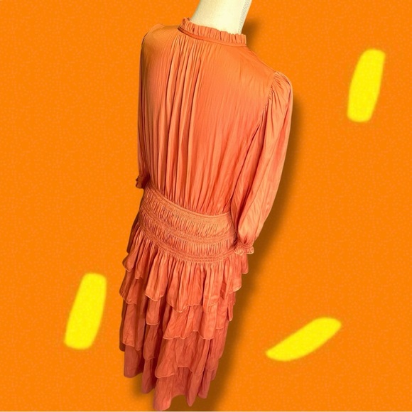 NWT Maje Orange ‘Radjinette’ Tiered Ruffle Satin Midi Dress French Size 42 = XL - Picture 11 of 16